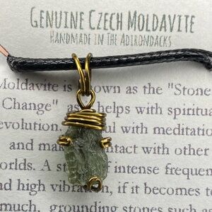 Real Raw Moldavite in Antique Bronze or Copper Wire Prong Pendant w 30” cord